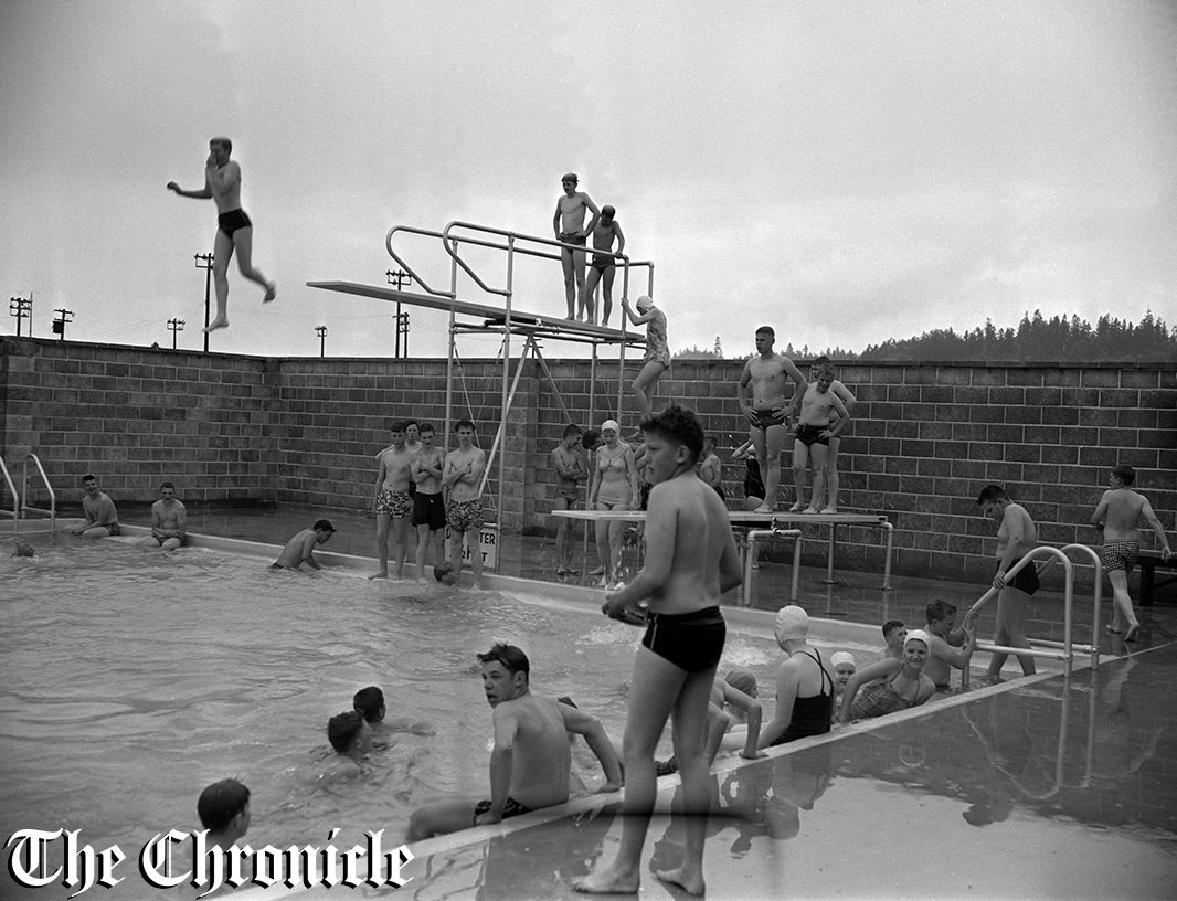 From the 1959 Chronicle archives: “SCHOOL PATROLS SWIN - About 400 Lewis County patrol members from Pe Ell to Randle splashed in 80-degree water and heavy rain showers Tuesday morning at Chehalis’ pool at Recreation Park. The annual school patrol event, under the direction of State Patrolman Ken Teeple, also included a hot dog feed at noon in the Community building at the park and roller skating in Centralia in the afternoon. Sponsoring the school patrol units throughout the county are Chehalis Kiwanians, Rotarians, Elks, Eagles, Winlock American Legion post and Mossyrock Lions club. Above, despise showery skies, youngster keep pool busy. - Chronicle Staff Photo.”